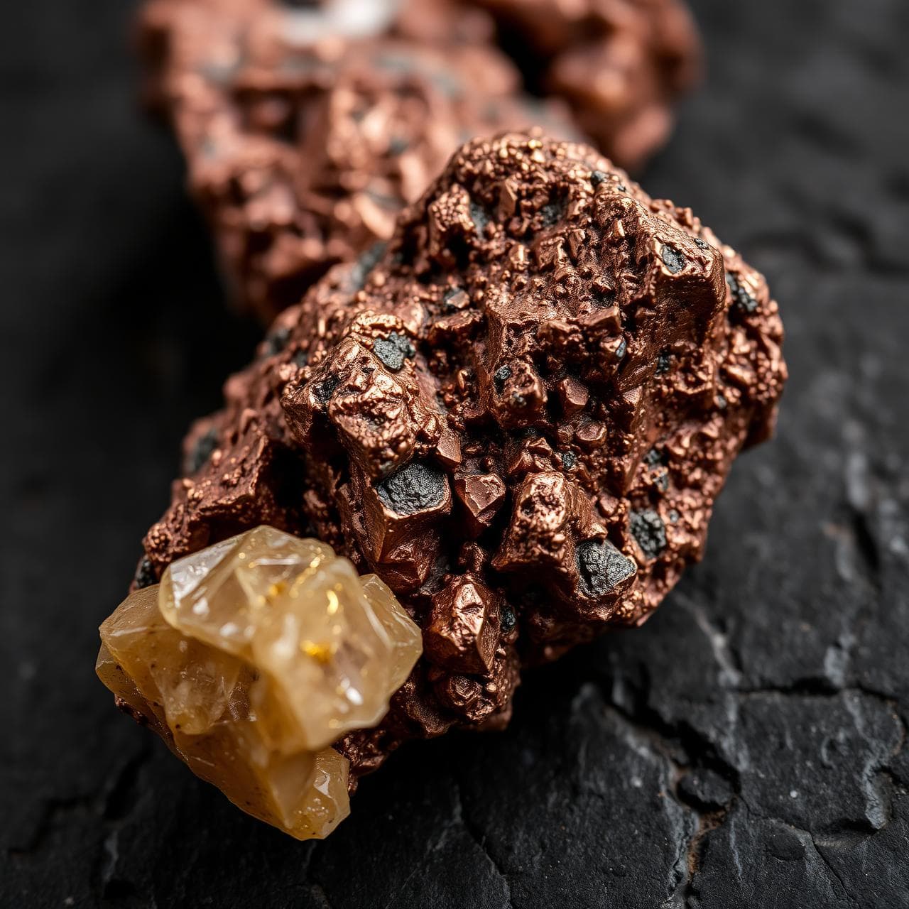 Raw copper ore and gold-flecked quartz